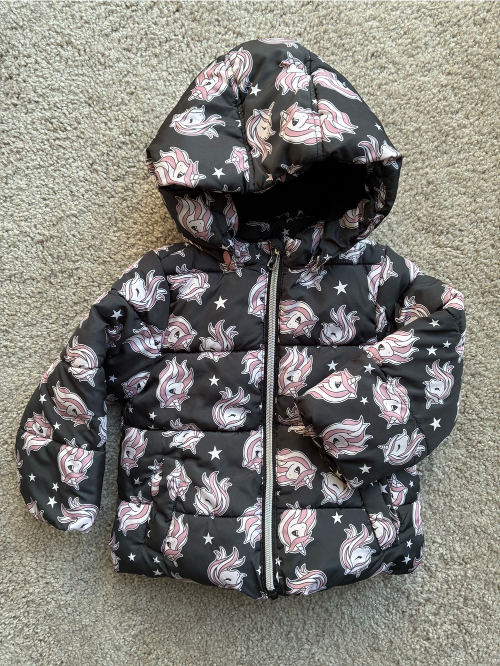 Chicco Kids Black Puffer Jacket with Pink Unicorn Print